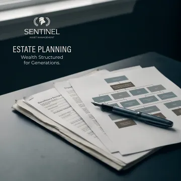 Estate planning documents with trust agreements and asset distribution charts