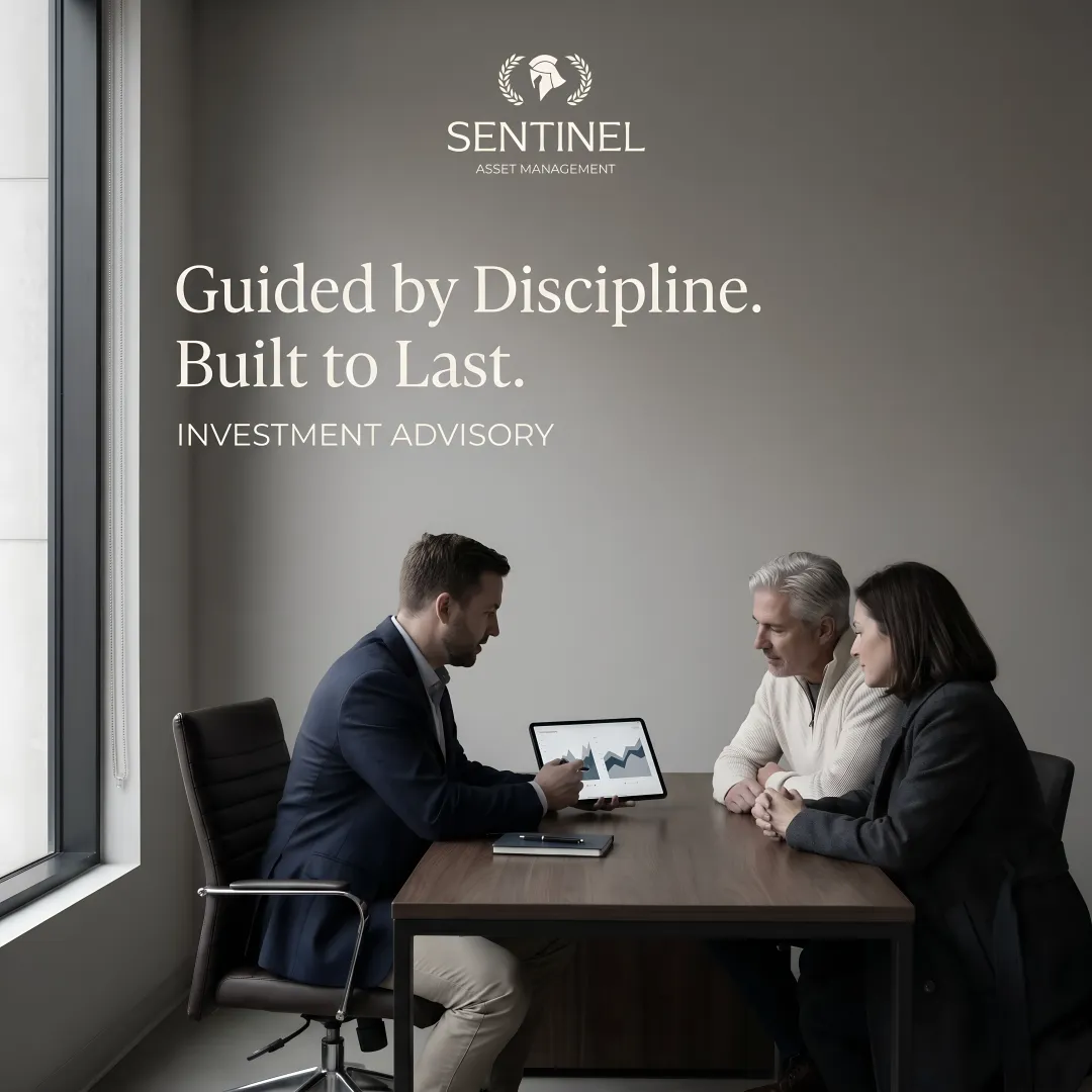 Financial advisor presenting a comprehensive wealth plan to clients using a digital tablet