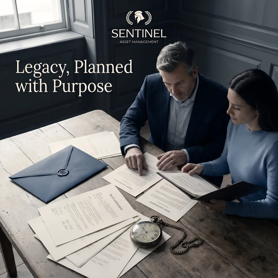 Estate planning attorney and financial advisor collaborating on multi-generational trust documents with family heirlooms visible