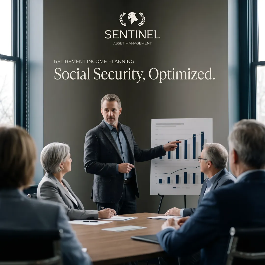 Financial advisor explaining Social Security benefits on a whiteboard to workshop attendees