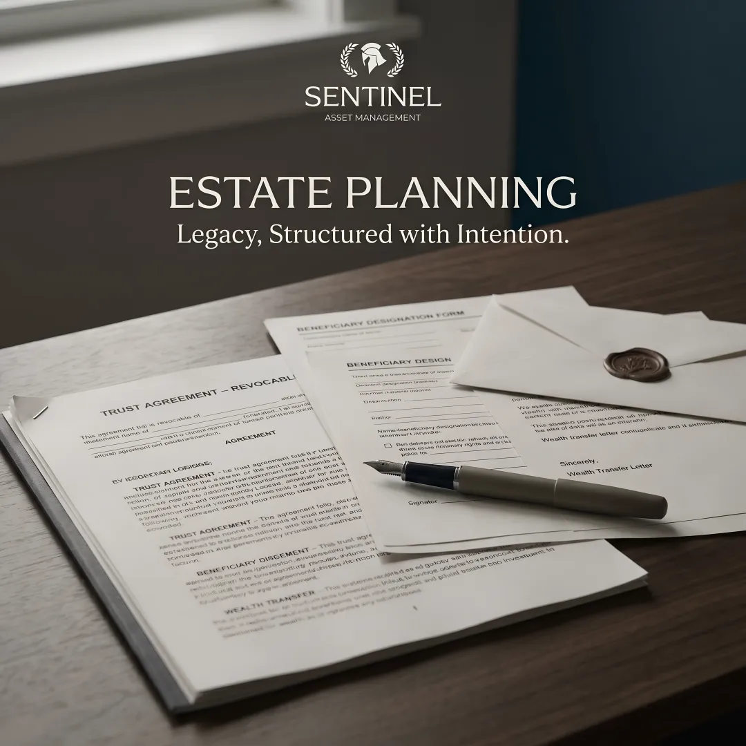 Family trust documents and multi-generational wealth planning materials on desk