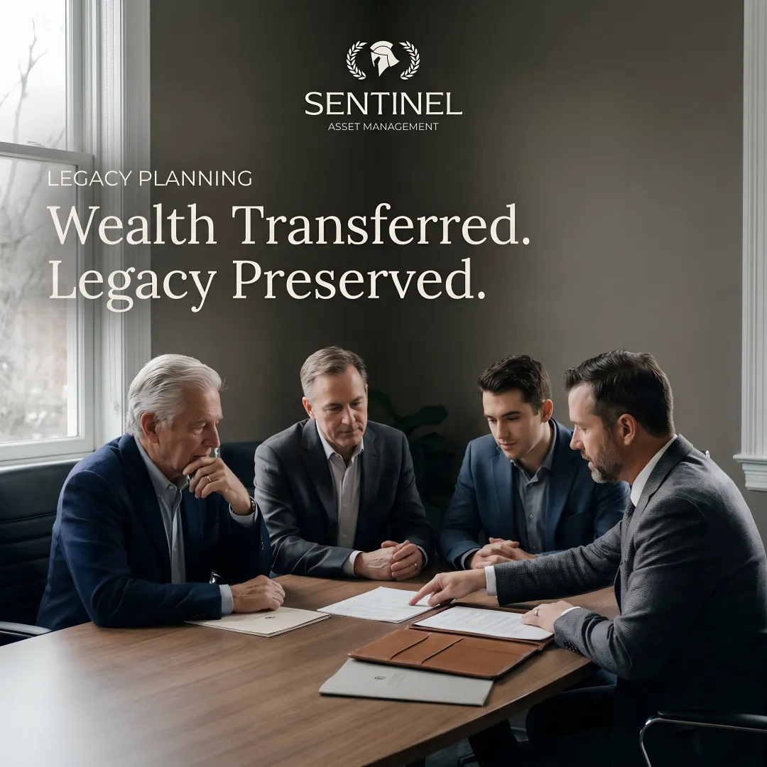 Multi-generational family reviewing financial legacy planning documents with wealth advisor