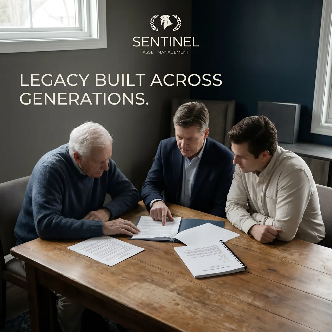Multi-generational family reviewing legacy planning documents