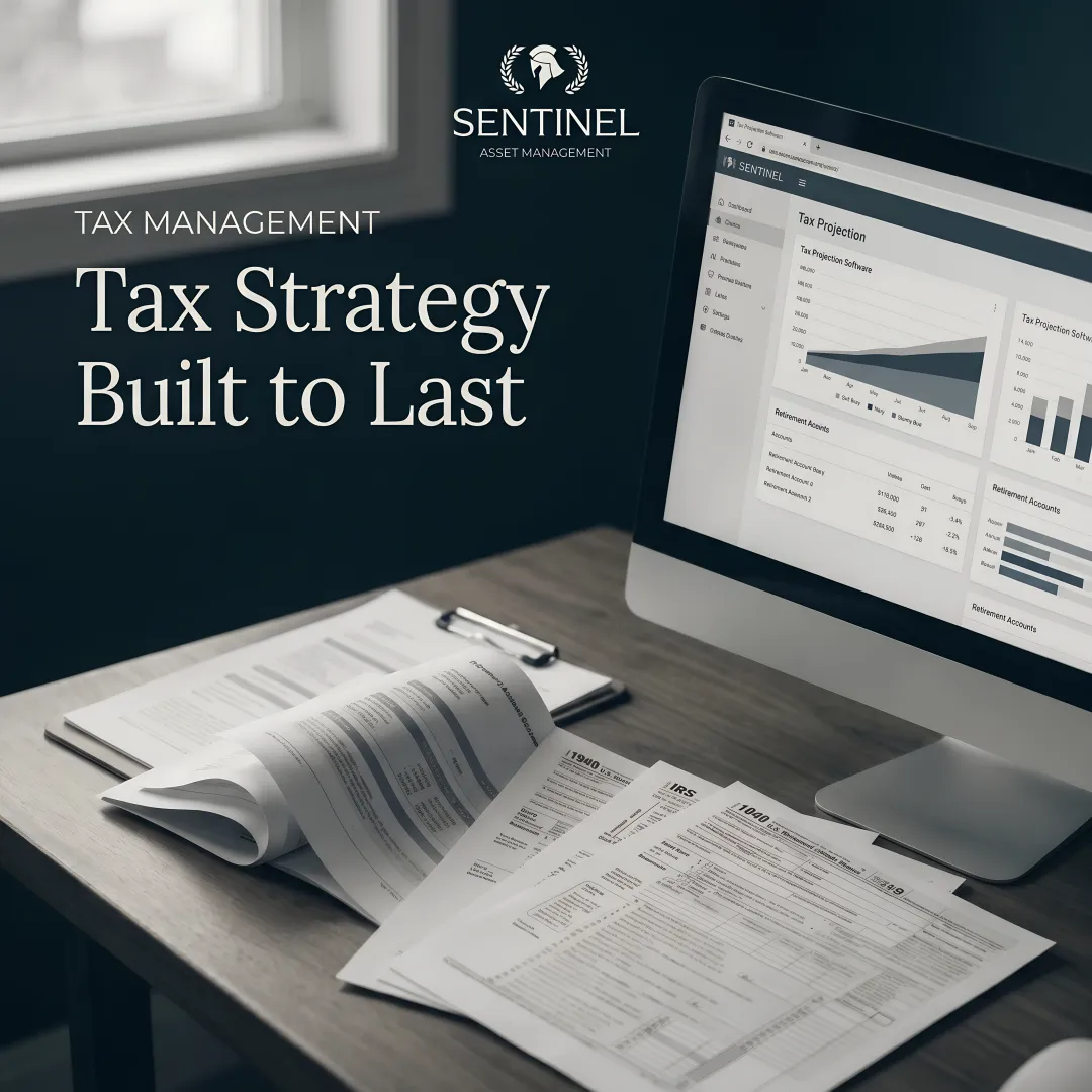 Financial advisor working with retirement tax planning software and documents