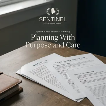 Financial planning documents with special needs trust paperwork and care coordination materials