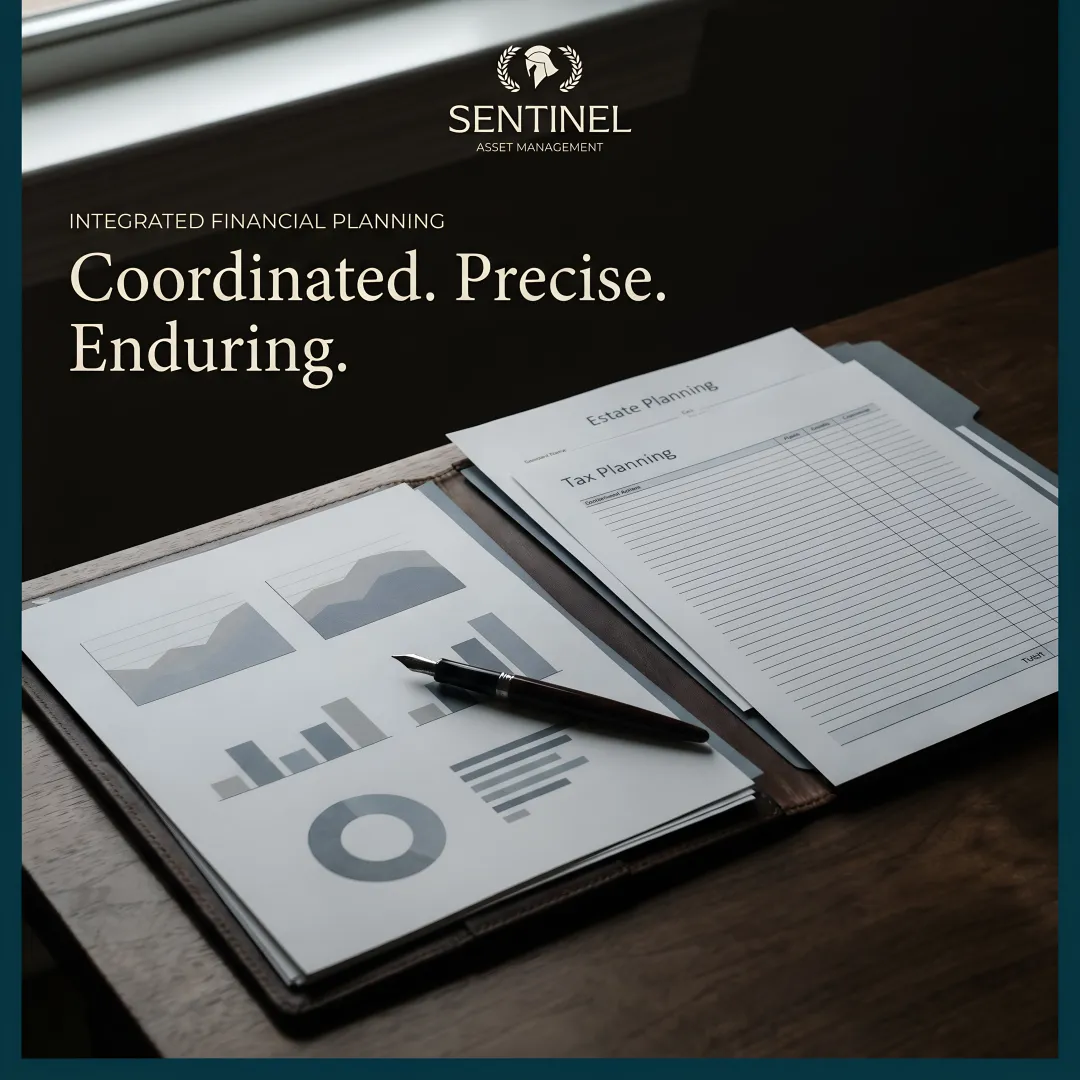 Interconnected financial planning components including investments, taxes, and estate documents