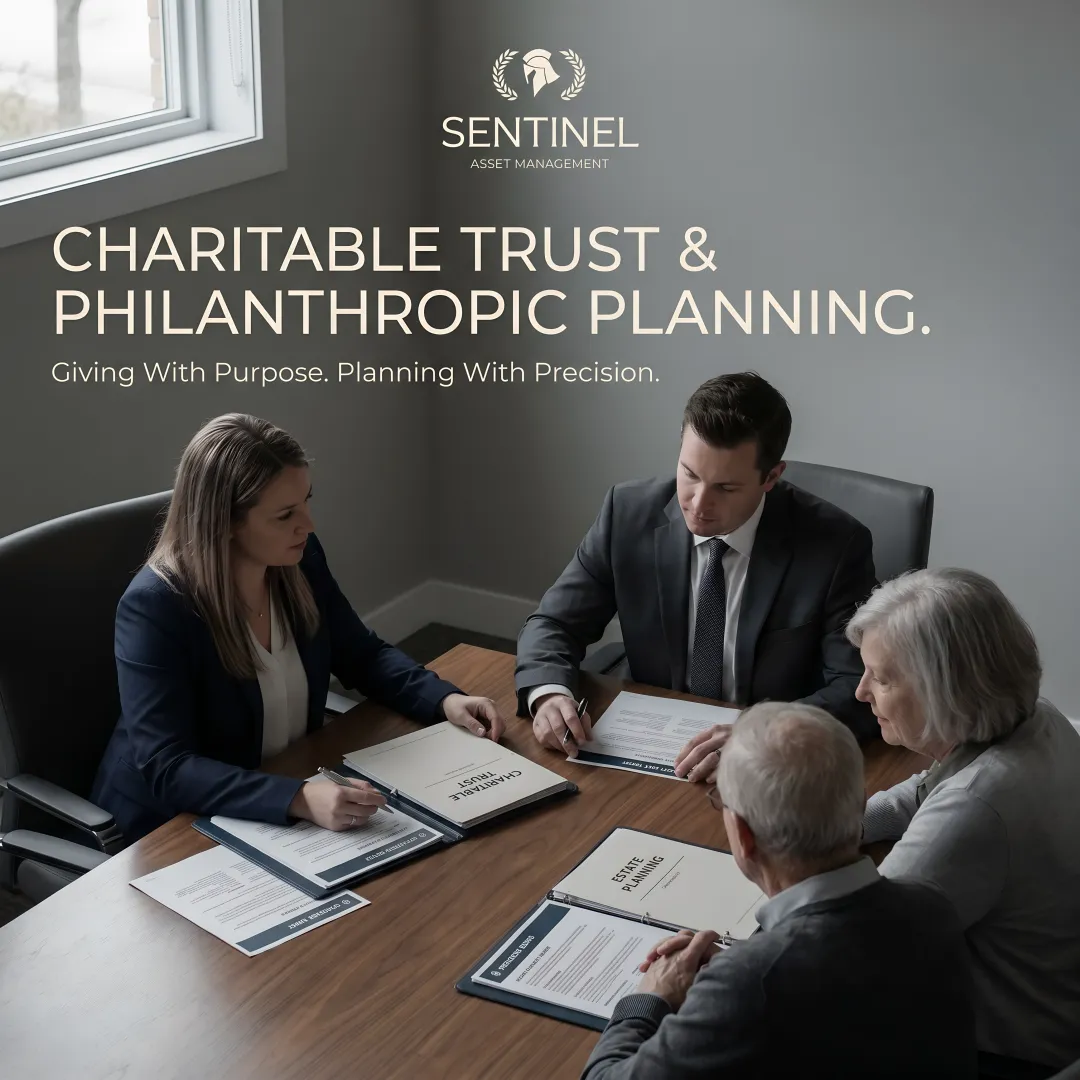 Professional advisors reviewing charitable trust documents and financial plans