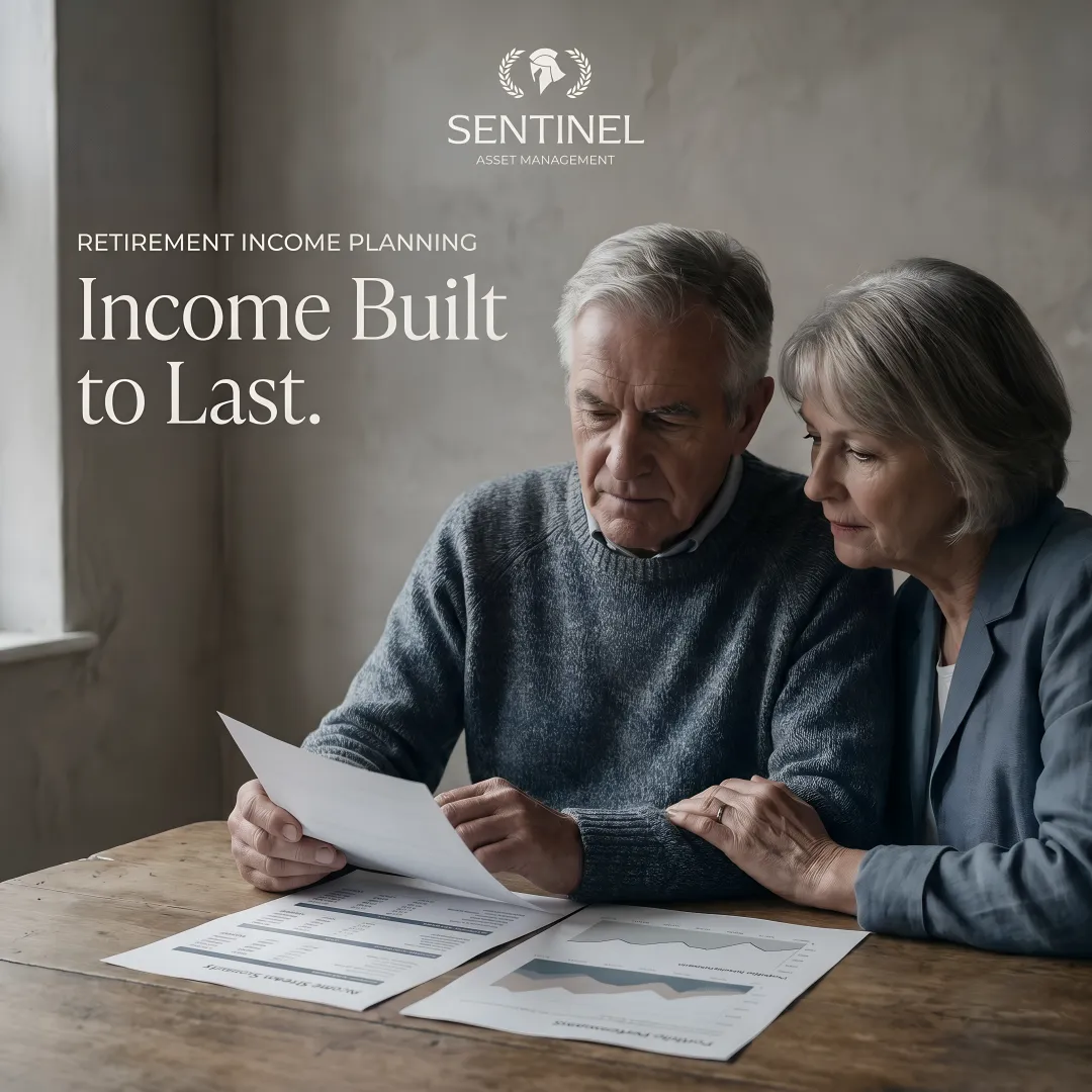 Senior couple reviewing retirement income projections with financial charts