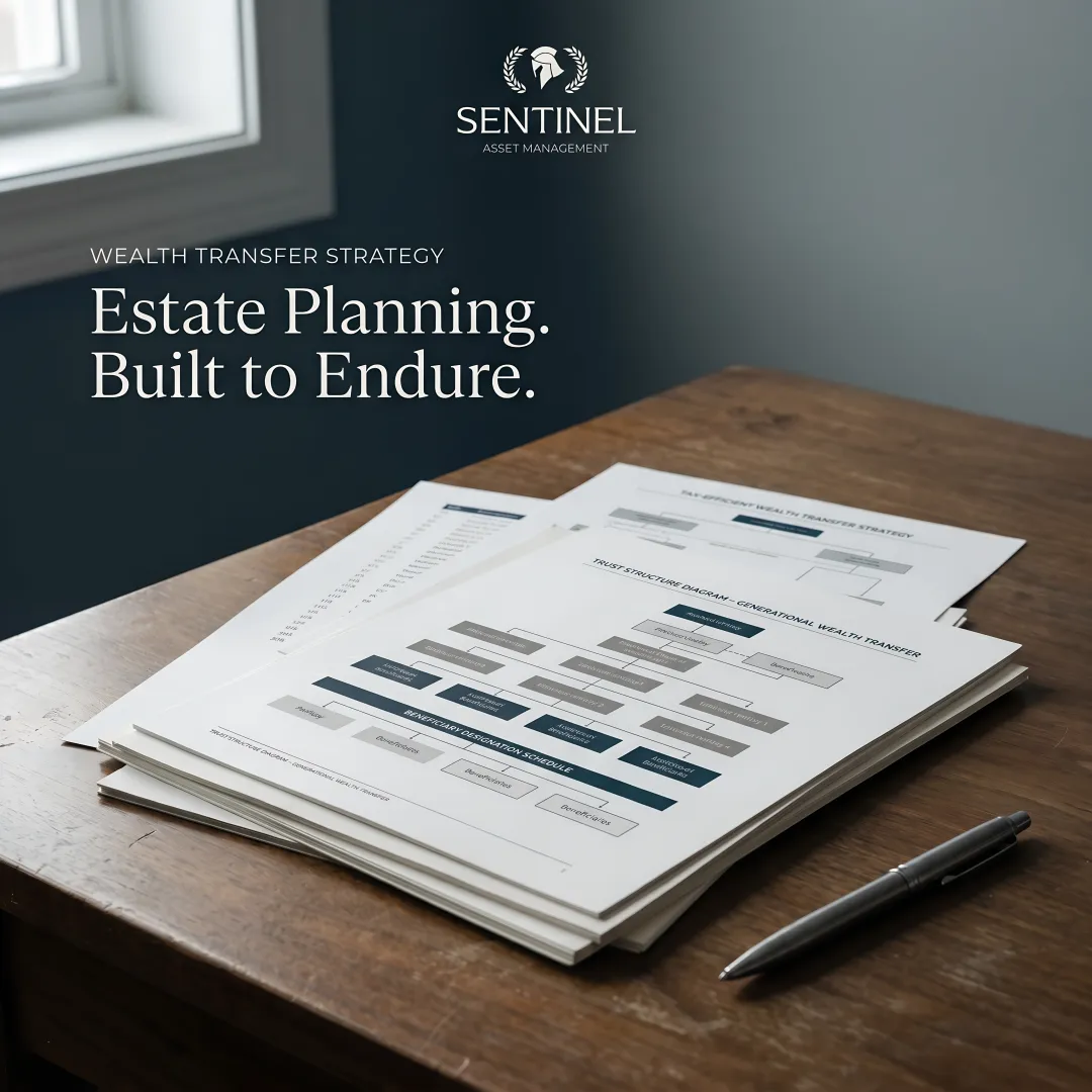 Estate planning blueprint with financial documents and trust structures