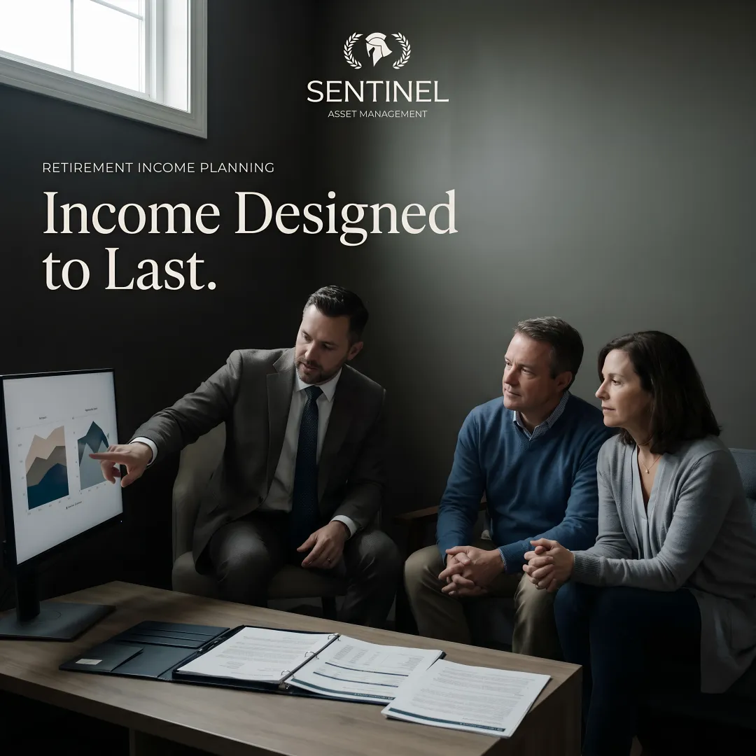 Financial advisor presenting comprehensive retirement strategy on digital screen to attentive clients