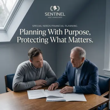 Parent reviewing special needs estate planning documents with advisor