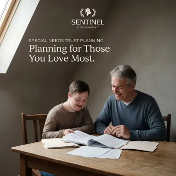 Parent and adult child with special needs reviewing financial documents together