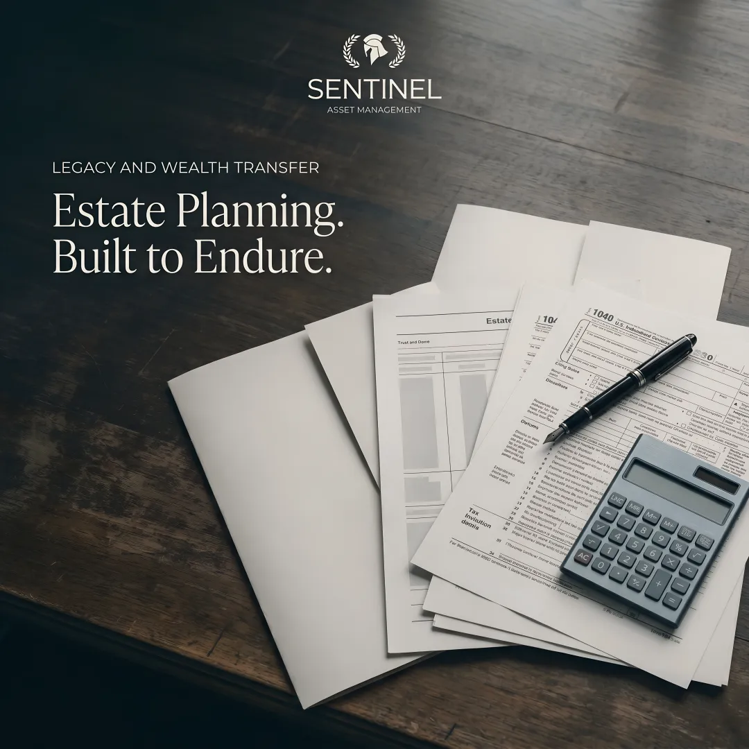 Estate planning documents with trust agreements and financial charts organized on a professional desk