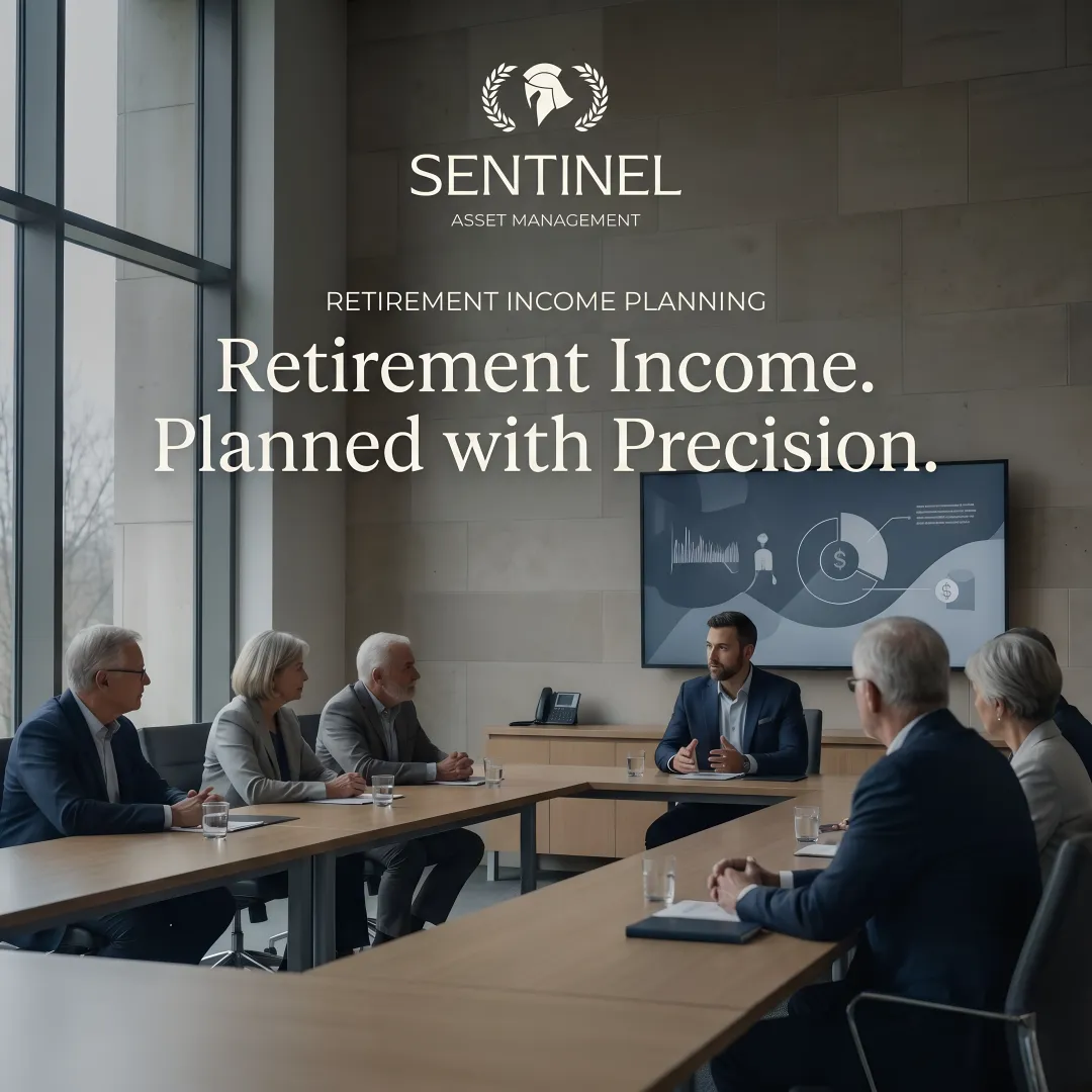 Professional financial advisor presenting retirement income strategy on tablet to senior clients