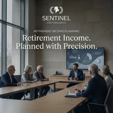 Professional financial advisor presenting retirement income strategy on tablet to senior clients