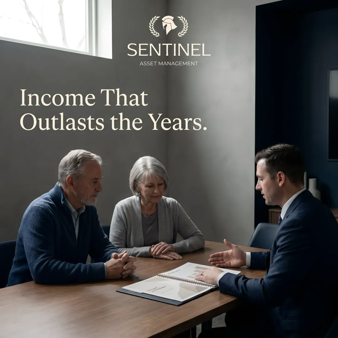 Senior couple reviewing financial documents with advisor discussing retirement income strategies