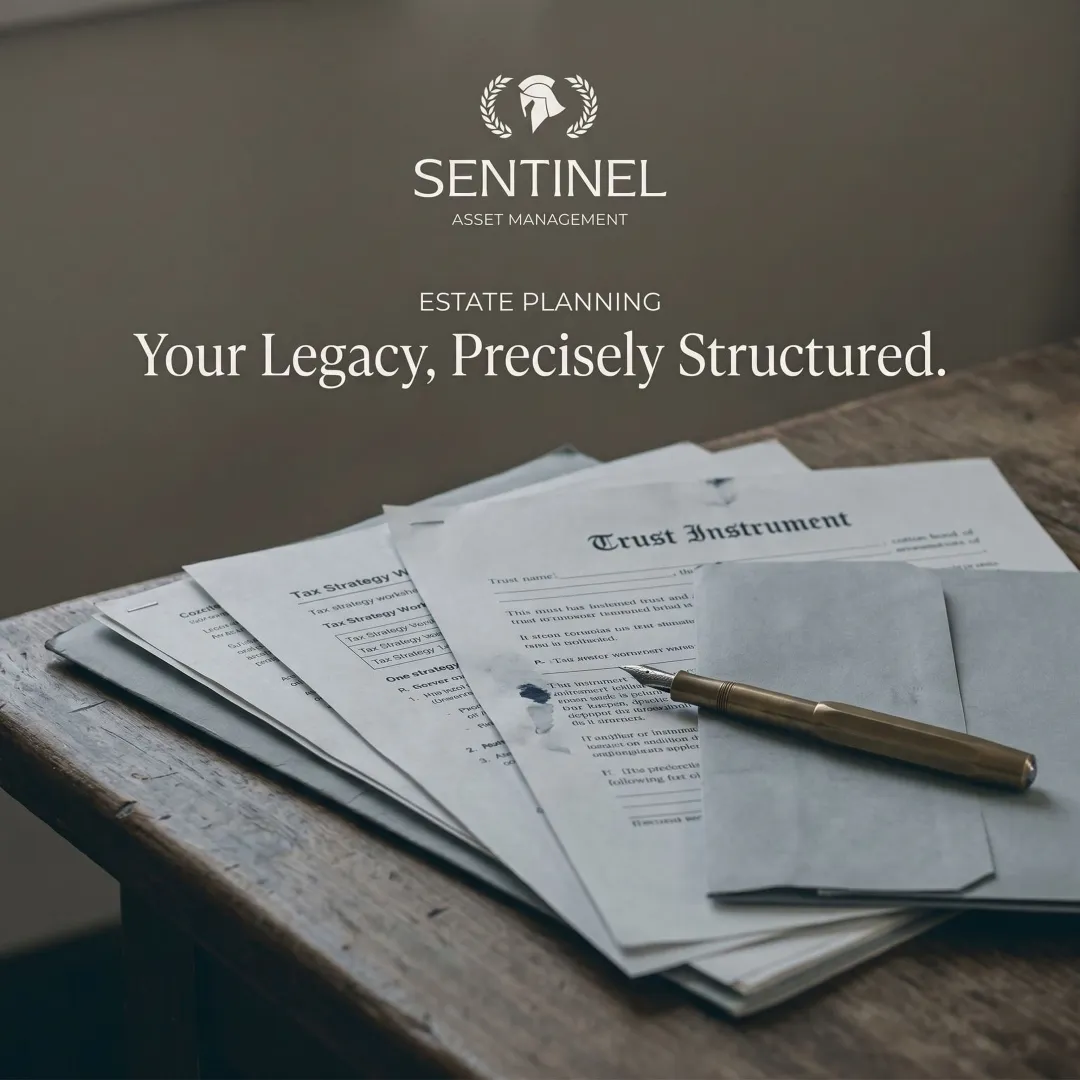 Estate planning documents with trust agreements and tax optimization charts