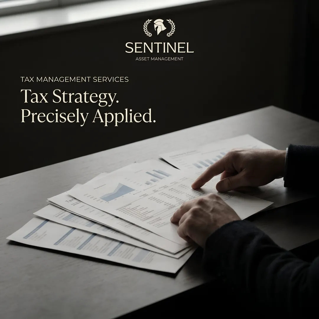 Financial charts and tax documents being analyzed by professional advisors