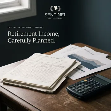 Retirement planning documents and financial charts on desk with calculator and coffee