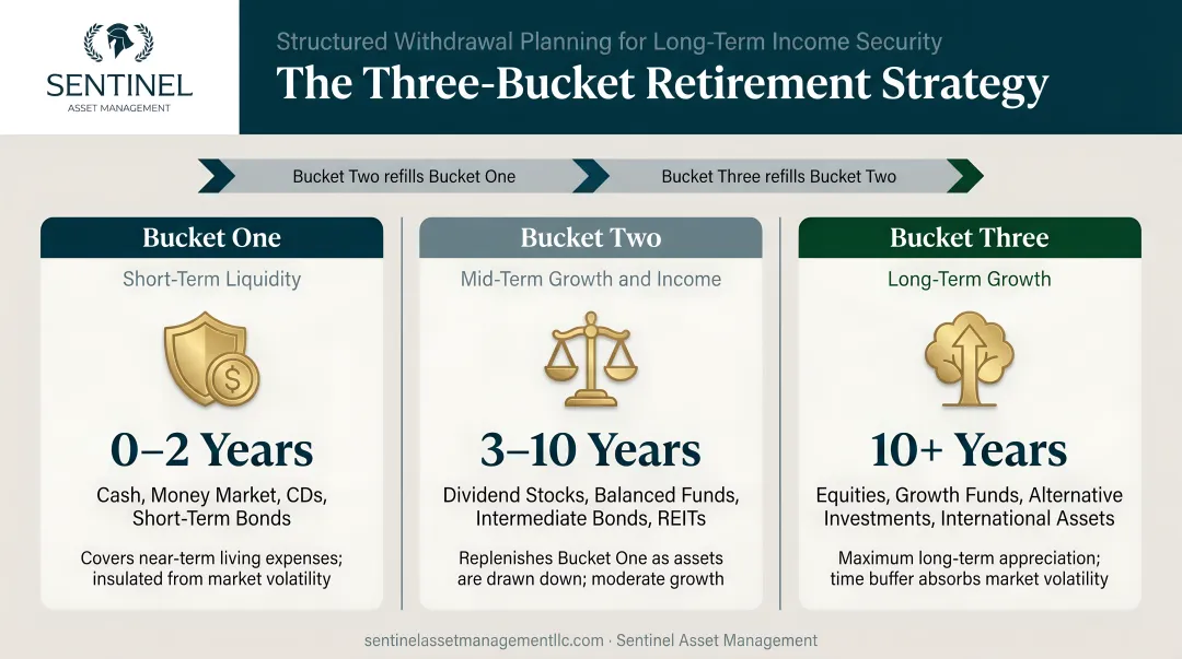 Three-bucket retirement strategy time horizon and asset allocation breakdown infographic