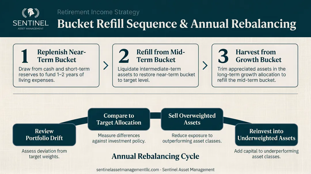 Three-step bucket refill sequence and annual rebalancing process flow diagram