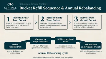 Three-step bucket refill sequence and annual rebalancing process flow diagram