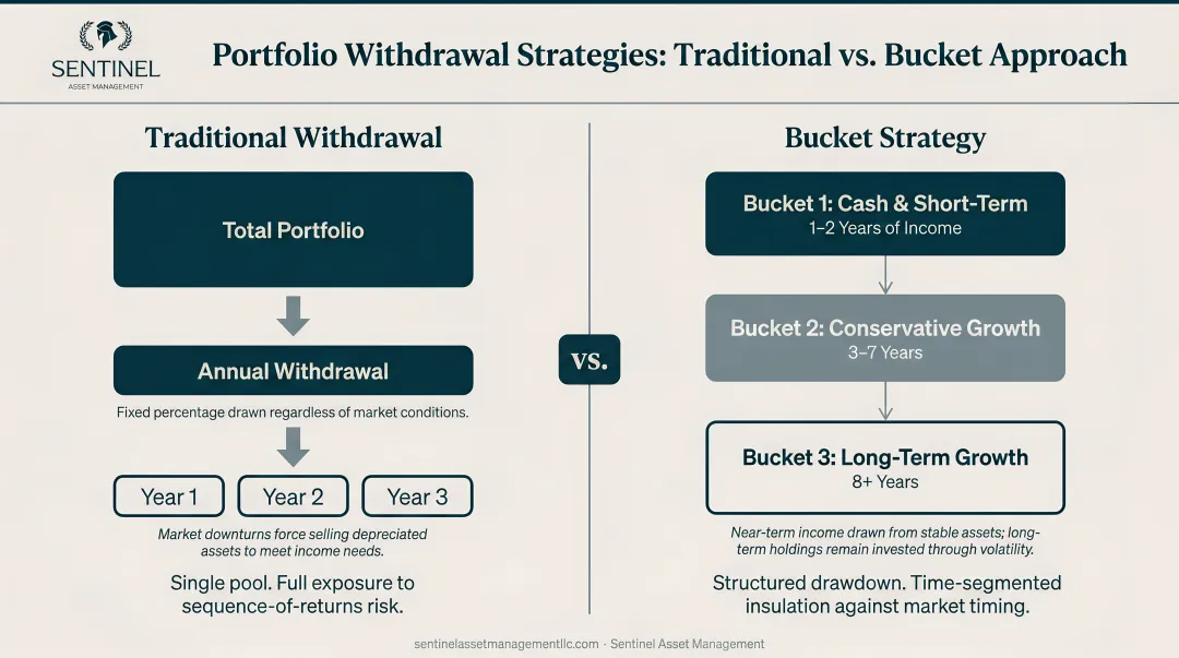 Traditional portfolio withdrawal versus bucket strategy drawdown comparison infographic