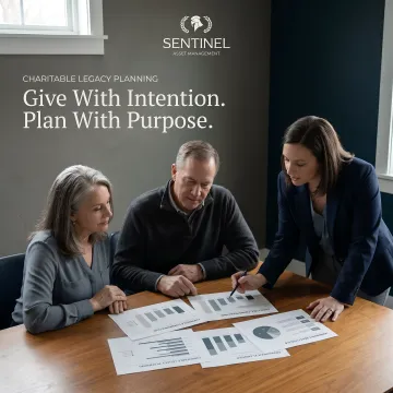 Senior couple reviewing charitable giving plan with financial advisor