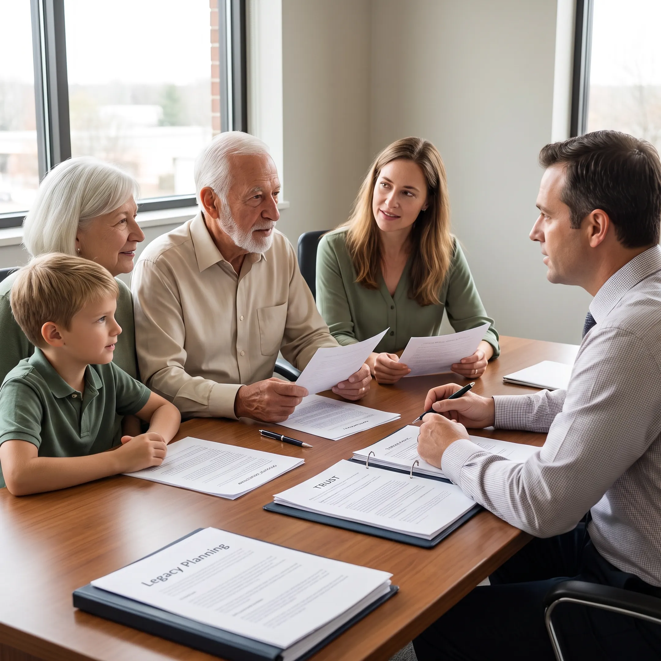 Family reviewing estate planning documents with an advisor