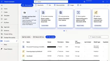 Microsoft Power Automate dashboard showing AI Builder document processing workflow