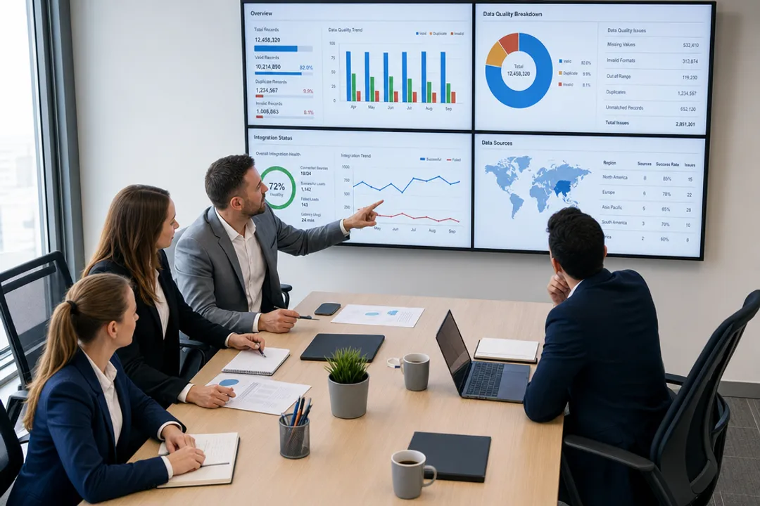 Business team analyzing data quality and integration issues on dashboard
