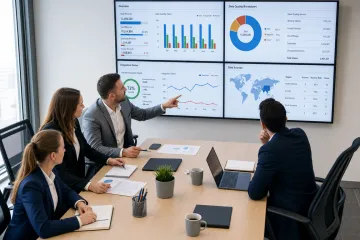 Business team analyzing data quality and integration issues on dashboard