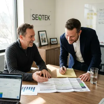 Consultant guiding small business owner through planning