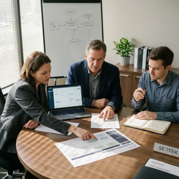 Consultants reviewing AI governance roadmap