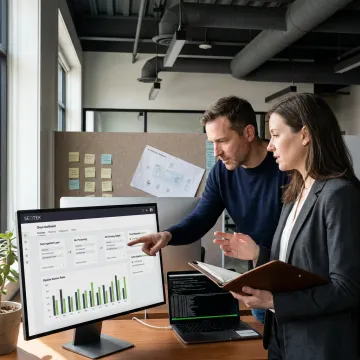 Infrastructure automation consultants reviewing dashboards