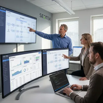 ERP software development team reviewing dashboards