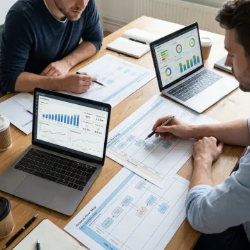 Consultants reviewing process maps and dashboards
