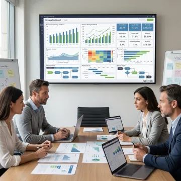 Advisory consultants reviewing strategy dashboards