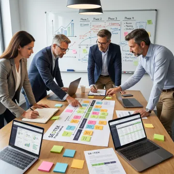 Project management consultants reviewing a roadmap