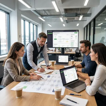 Automation consultants reviewing digital workflow dashboards