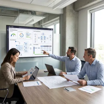 Healthcare IT consultants reviewing data dashboards