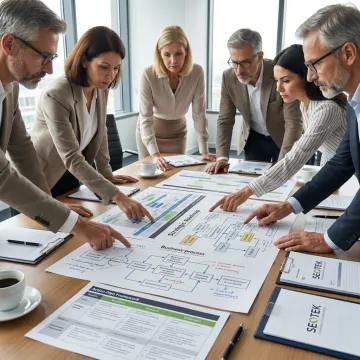 Consultants reviewing strategic roadmap with leadership team
