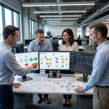 Enterprise team reviewing DevOps pipeline dashboards