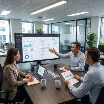 AI strategy consultants reviewing digital automation dashboard