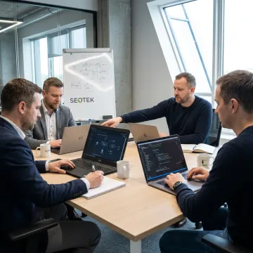 Full-stack development team reviewing software architecture