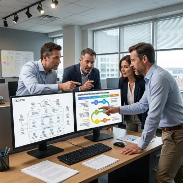 Technology consultants reviewing application modernization roadmap