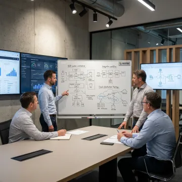 Consultants reviewing connected technology systems