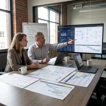 Technology consultants reviewing building technology strategy dashboards