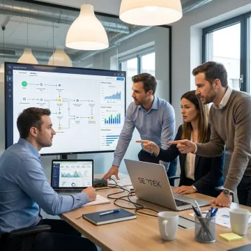 Hyperautomation consultants reviewing AI workflow dashboards