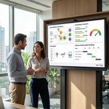 Technology modernization consultants reviewing digital strategy